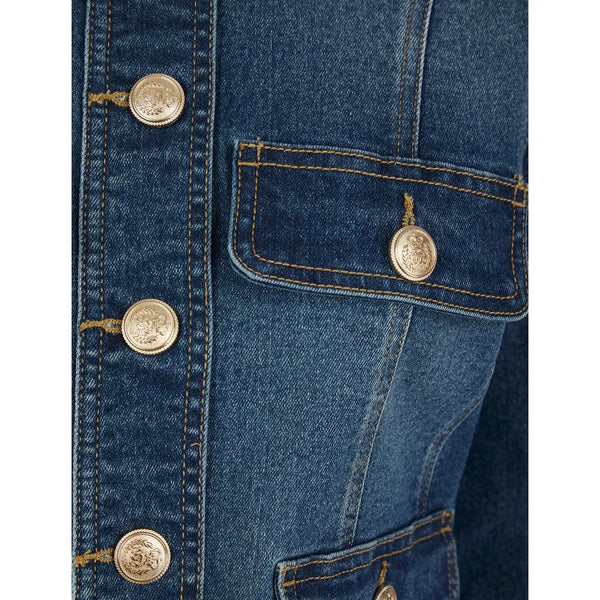 Calgary Women's Stretch Cotton Collarless Denim Jacket in Mid Blue - Amara Reya