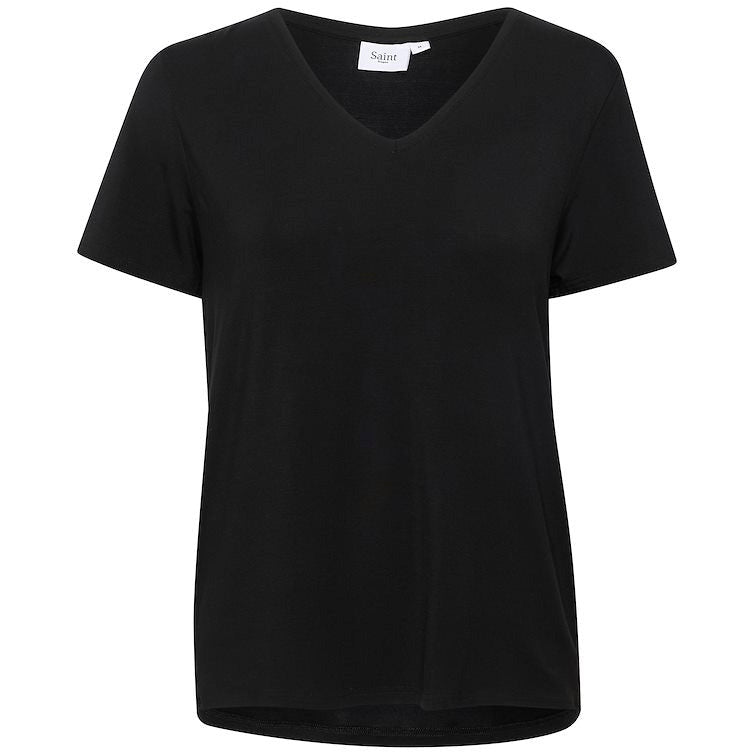 BASIC BLACK TSHIRT WITH V NECK AND CAP SLEEVES 