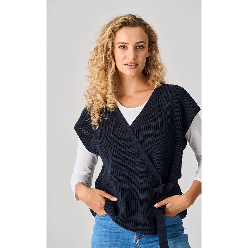 Luella Ladies Tetbury Heavy Knit Cotton Tie Fasten Waistcoat - Navy