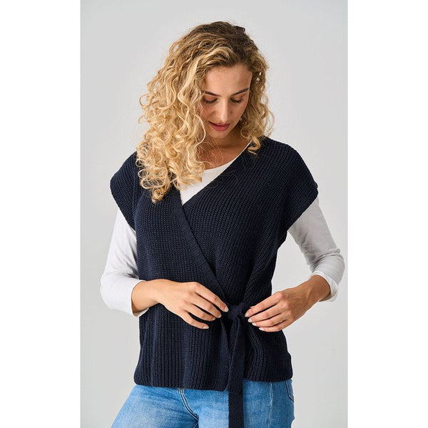 Luella Ladies Tetbury Heavy Knit Cotton Tie Fasten Waistcoat - Navy