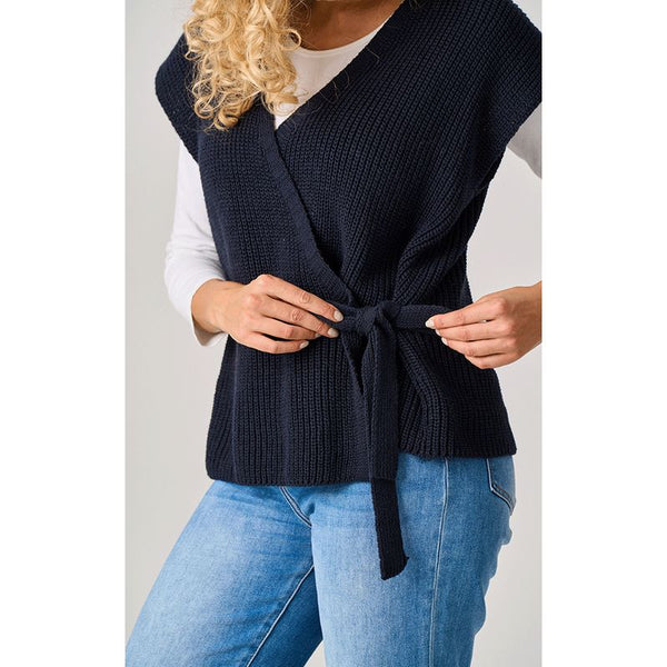 Luella Ladies Tetbury Heavy Knit Cotton Tie Fasten Waistcoat - Navy