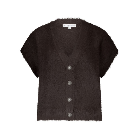 Red Button Ladies Sleeveless Fuzzy Cardigan - Espresso