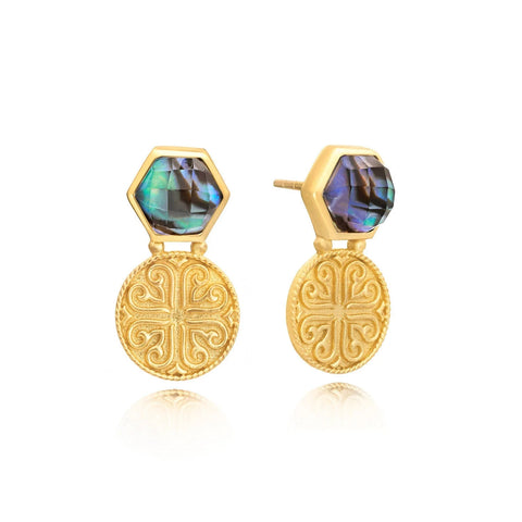 Azuni Ladies Thea Hexagon Gemstone Stud Earrings with Ornate Coins