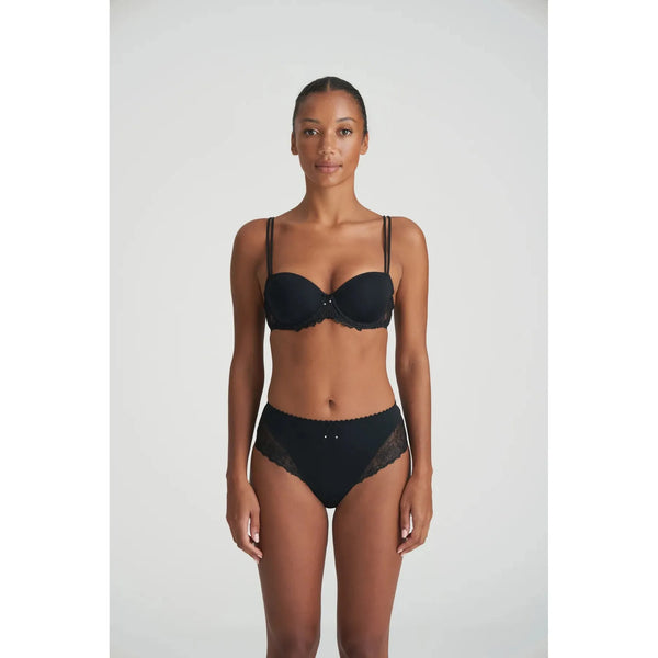 black balcony bra with double straps and lace detailing where the wire sits
