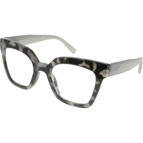 An exaggerated cat's eye frame, in grey tortoiseshell with soft grey arms.