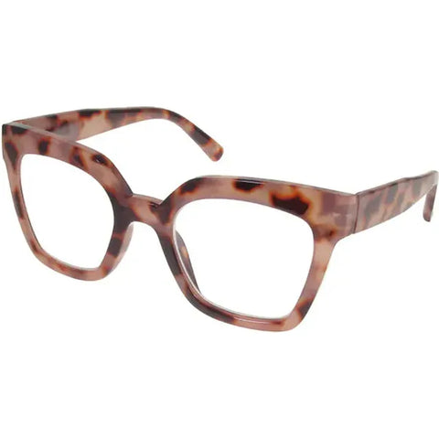 An exaggerated cat's eye frame, in a soft pink tortoiseshell.