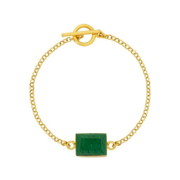 small link chain bracletet with t-bar closure and a rectangular malachite stone 