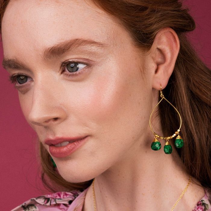 fun teardrop frame earrings feature gold faceted beads and three hand-cut teardrop-shaped semi-precious gemstones. With the beads able to move around on the delicate frame these earrings create a lovely organic movement and add a gorgeous injection of colour with the natural stones.