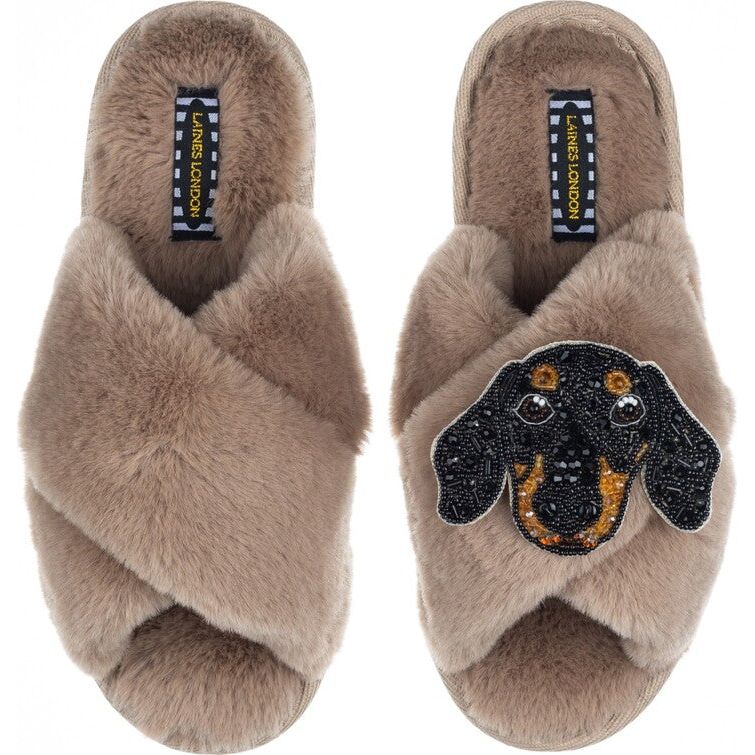 Laines London Classic Toffee Slippers with Sausage Dog Brooch