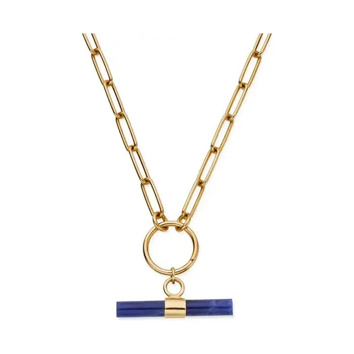 ChloBo Ladies Link Chain Sodalite T-Bar Necklace - Gold