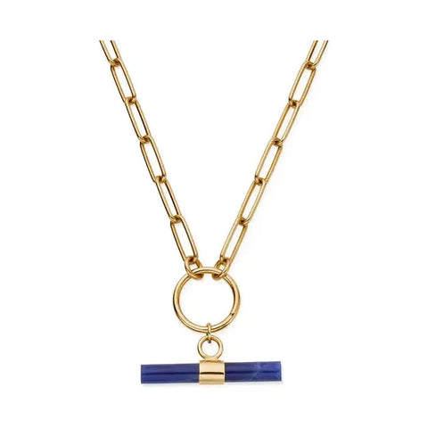 ChloBo Ladies Link Chain Sodalite T-Bar Necklace - Gold