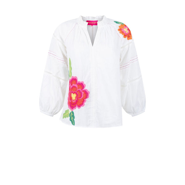 Place Du Soleil Ladies White Blouse With Large Embroidered Flower