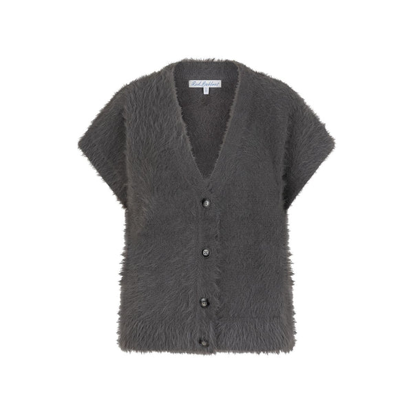 Red Button Ladies Sleeveless Fuzzy Cardigan - Lava