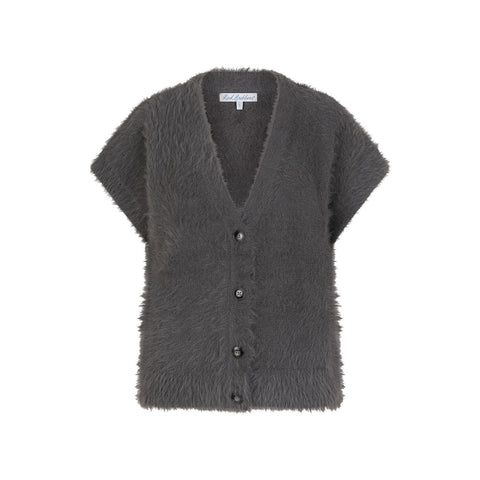 Red Button Ladies Sleeveless Fuzzy Cardigan - Lava