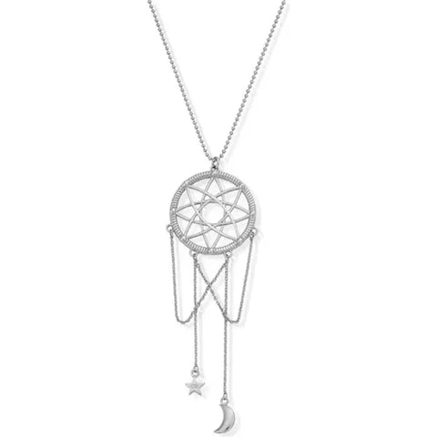 The Dream Catcher Necklace is a longstanding favourite with its delicate design and enduring shape. The detail of the charm is complemented by the gentle glittering of the ChloBo diamond cut necklace and accented with 925 sterling silver fine belcher chain, draped perfectly against the neckline with a suspended mini moon and mini star charms below.