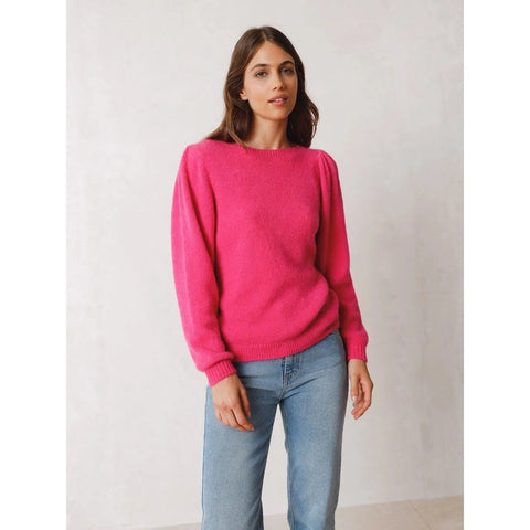 delicate puff on the shoulder long sleeve sweater in fucshia 