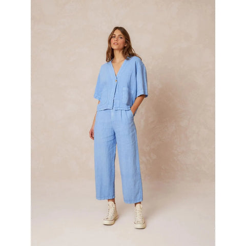 Indi and Cold Ladies Linen Crop Trousers - Glacial Blue
