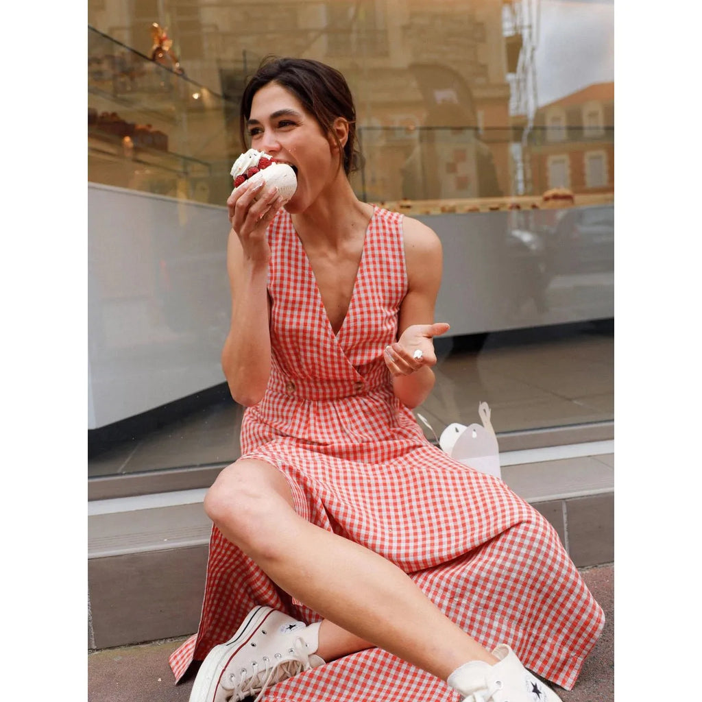 Indi and Cold Ladies Crossover Linen Dress - Red Ellie and Bea Indi and Cold Ladies Crossover Linen Dress - Red Ellie and Bea