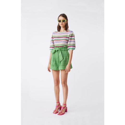 Fancy striped jumper -Round collar -Three-quarter puffed sleeves -Openwork details and knit effect