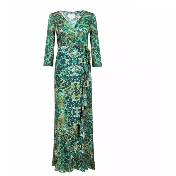 Sophia Alexia Ladies Ruffle Wrap Dress - Emerald Leopard