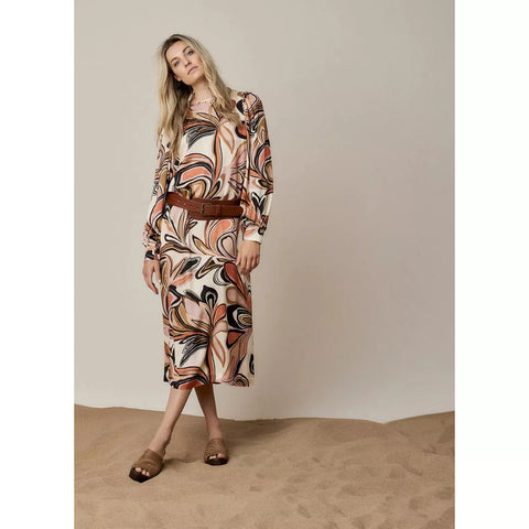 muted neutral swirl pattern tone dress with long sleeves and high round neck 