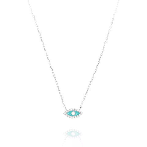 silver necklace with turquoise evil eye