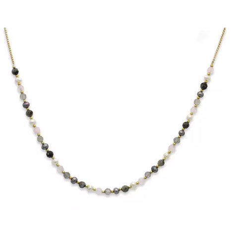 A simple, delicate chain necklace embellished with Agate, Labradorite, Pearl and Rose Quartz gemstones – makes for the perfect layering piece. Style solo or layer up for a statement look.  Made from 14k gold plate on brass and Agate, Pearl Labradorite and Rose Quartz. Length is 40cm plus 5cm extender chain.
