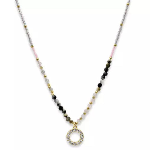 This chic necklace features rose quartz, agate and labradorite gemstones mixed with pearls and miyuki beads, finished off with a sparkling CZ circle pendant. Beautiful on its own or go the whole hog and layer it with other necklaces from the collection.  Made with 14k gold plate on brass, Length is 40cm plus 5cm extender chain.