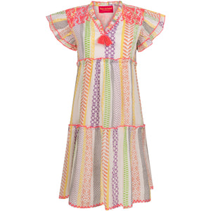 neon pink trim, pastel coloured patterned stripes on dress 