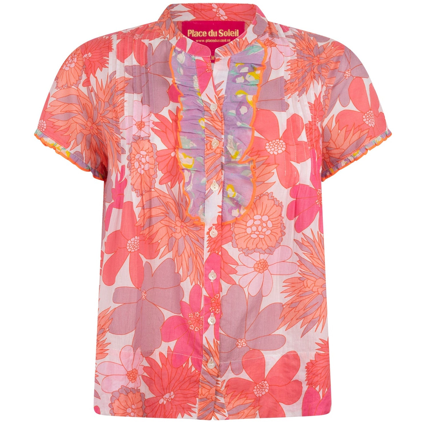 printed in pretty pink and orange tropical blooms, with a round neckline, contrasting button placket, and frilly, flouncy sleeves t