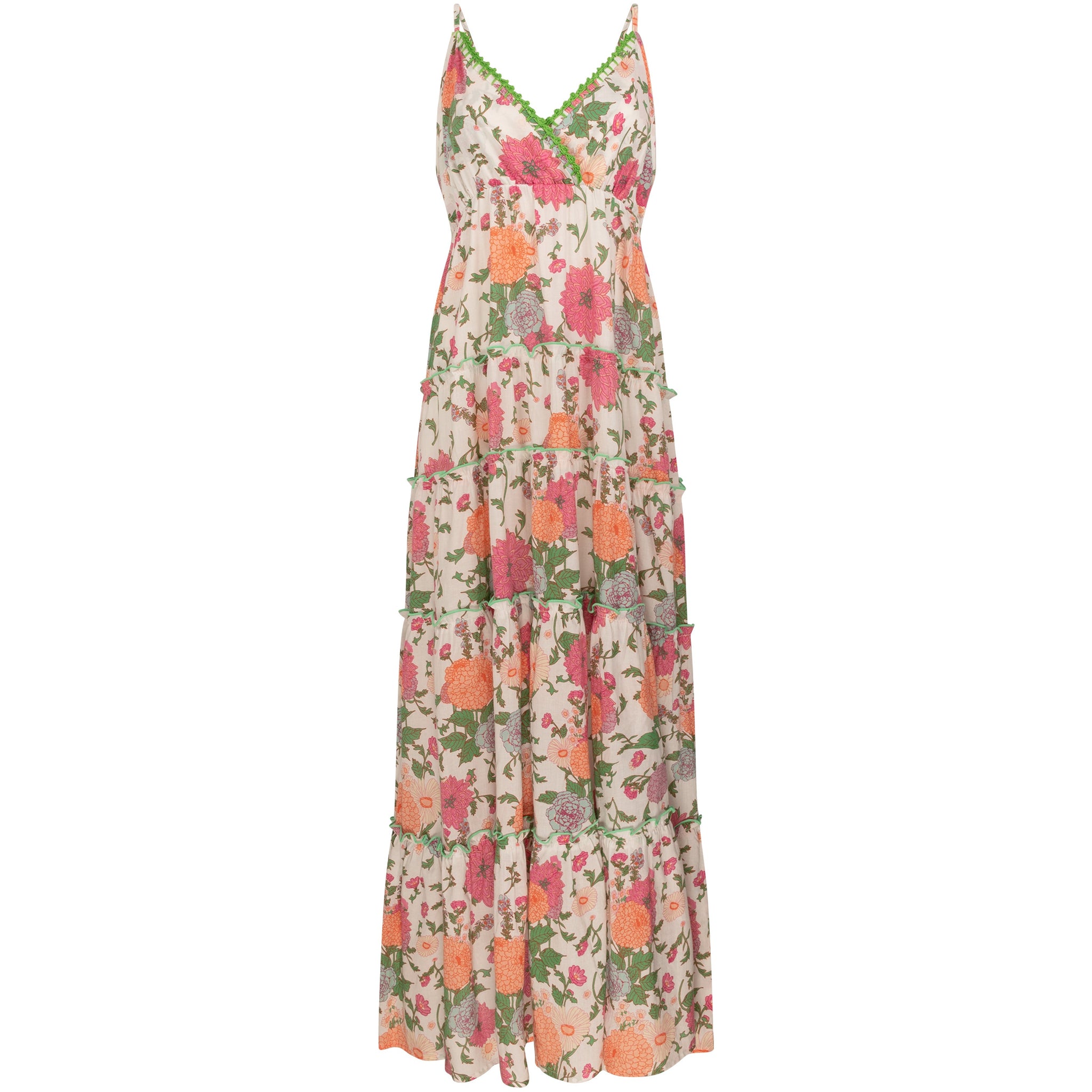 bold blooms, adjustable spaghetti straps, and a low crossover neckline crochet detailing, soft cups and elasticated shirring at the back for a comfortable fit, and a long, tiered skirt for a flattering silhouette.