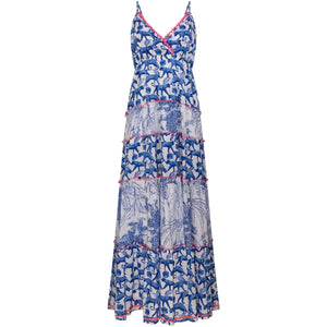 blue tiered maxi dress with spaghetti straps,, pink trim on neckline and tiers - cheetah print and tropical print 