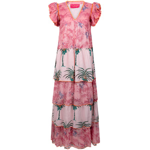 ruffle cap sleeves and flattering v neckline, pink crab pattern and pink palm tree pattern