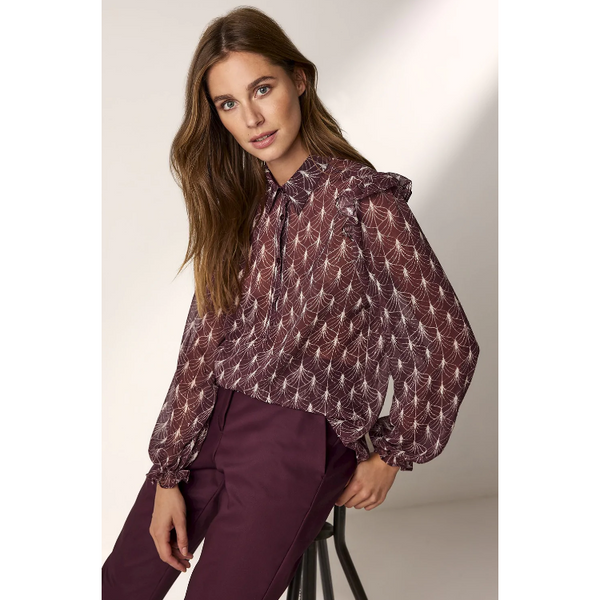 Printed Sheer Top Red Wine Ellie and Bea