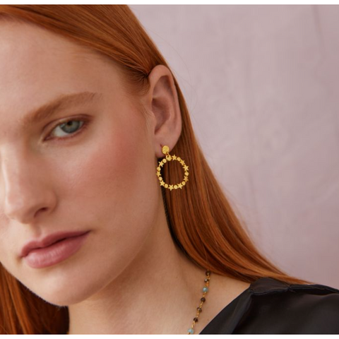 Eye Catching Gold Earrings with Star detailing around the circle, perfect for everyday wear or for adding that bit extra to your outfit! 