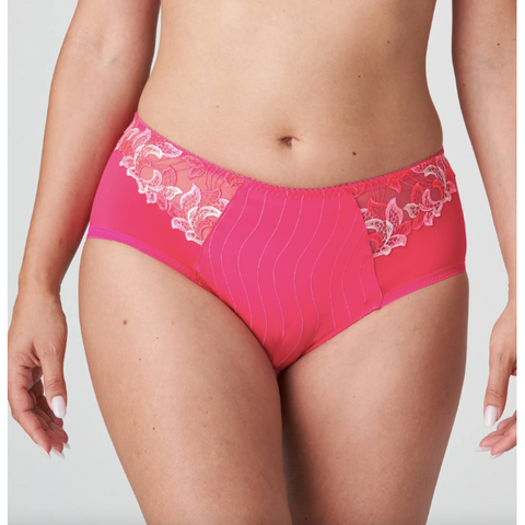 high-waisted opaque briefs feature decorative embroidery on the legs. Bright fuchsia with florescent embroidered detailing: