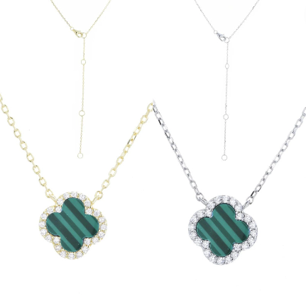 gold or silver necklace with malachite clover set eith cz