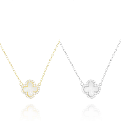 gold or silver necklace with mother of pearl clover set with cz