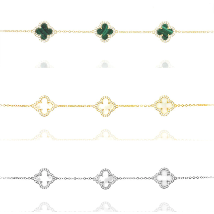 triple clover bracelet either gold or silver set with cz or pearl, malachite or black onyx