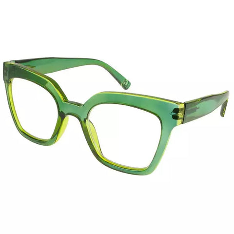 An exaggerated cat's eye frame, in a vibrant green and yellow.