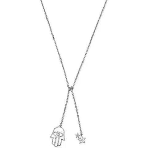 silver open chain with hamsa hand and eye charm at one end and star charm at other end. different ways to wear  such as in a knot 
