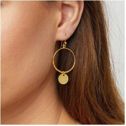Hypoallergenic sterling silver earring hooks plated in 22 carat gold Delicately hand-beaten gold coins Hand-crafted with gold faceted beads 5 cm drop
