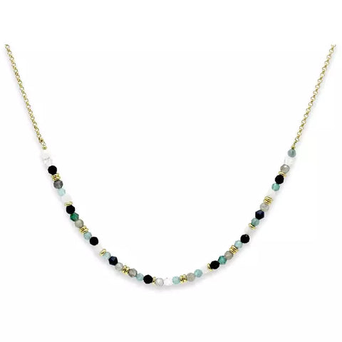 Add some sparkle to your neckline with this gorgeous gold necklace with crystals in white, blue, grey colours.  Made with 14kt gold plate on brass. Size 40cm, plus 5cm extender chain.